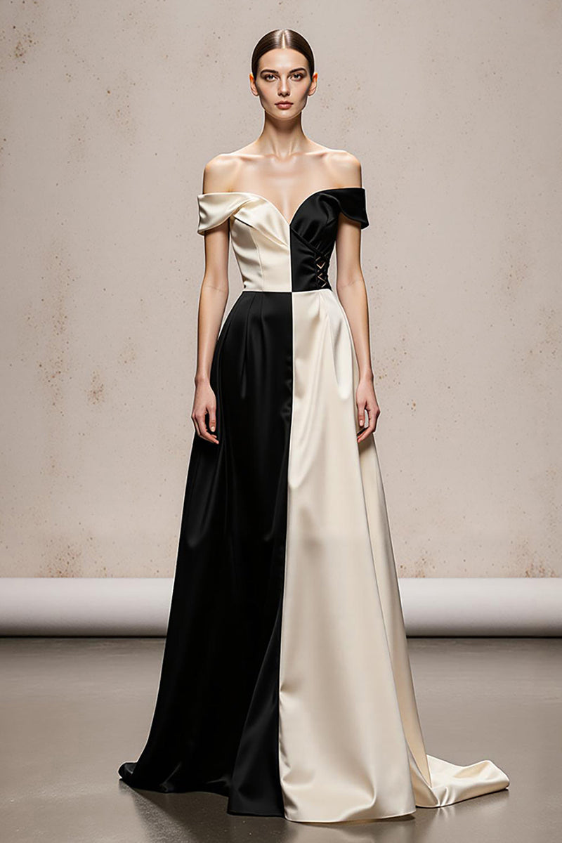 Load image into Gallery viewer, Black and White Satin A Line Patchwork Maxi Formal Dress