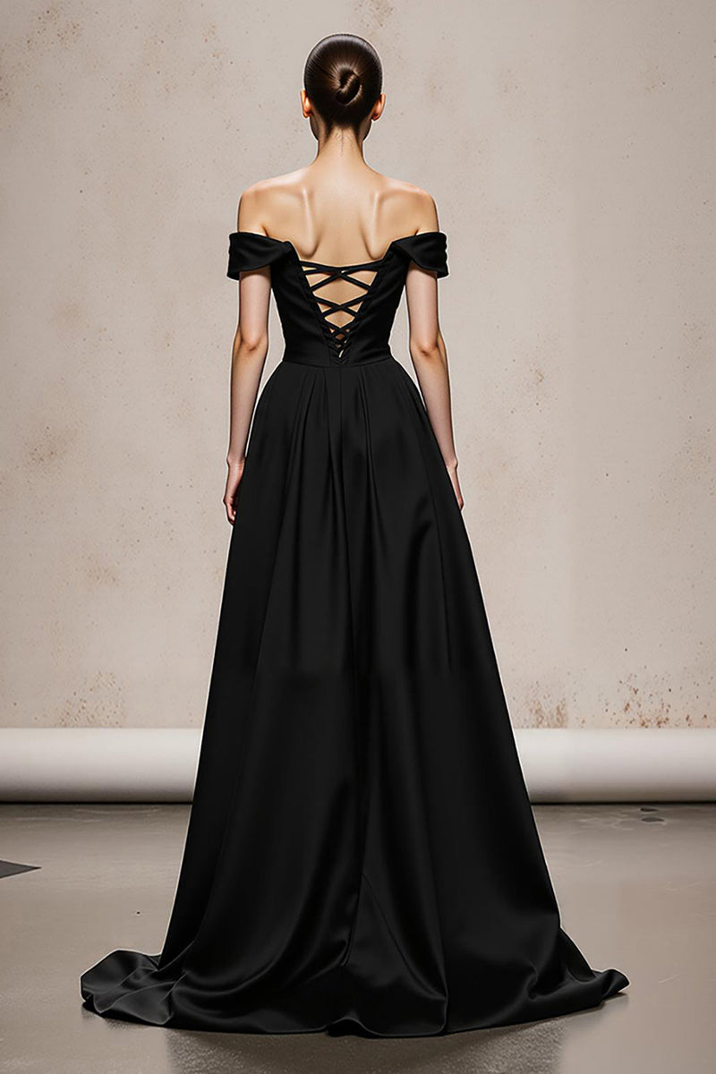 Load image into Gallery viewer, Black and White Satin A Line Patchwork Maxi Formal Dress