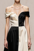 Load image into Gallery viewer, Black and White Satin A Line Patchwork Maxi Formal Dress