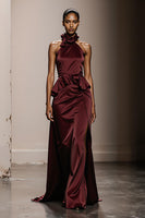 Load image into Gallery viewer, Simple Burgundy Satin Halter Neck Maxi Formal Dress