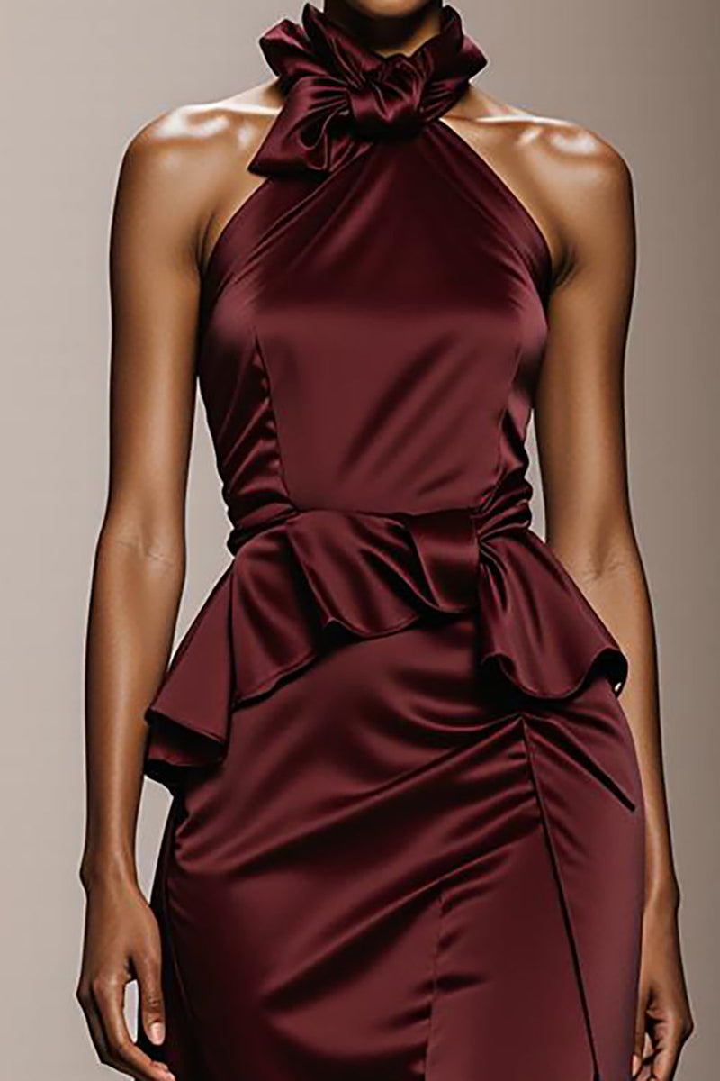 Load image into Gallery viewer, Simple Burgundy Satin Halter Neck Maxi Formal Dress