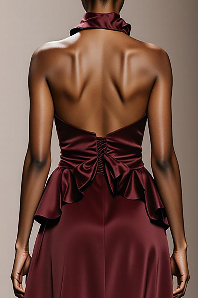 Load image into Gallery viewer, Simple Burgundy Satin Halter Neck Maxi Formal Dress