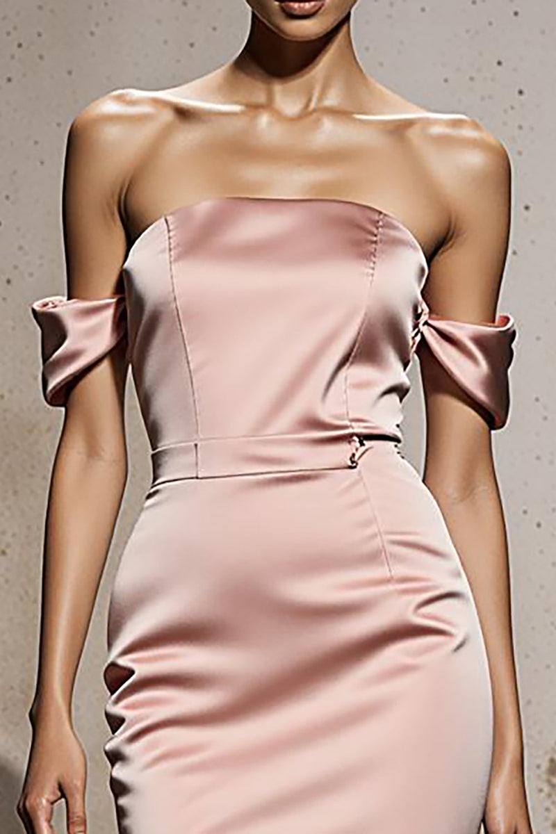 Load image into Gallery viewer, Light Pink Mermaid Off the Shoulder Satin Maxi Formal Dress