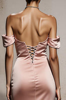 Load image into Gallery viewer, Light Pink Mermaid Off the Shoulder Satin Maxi Formal Dress