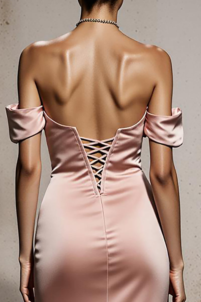 Load image into Gallery viewer, Light Pink Mermaid Off the Shoulder Satin Maxi Formal Dress