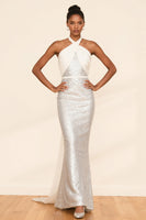 Load image into Gallery viewer, Sparkly White Sequins Halter Mermaid Maxi Formal Dress