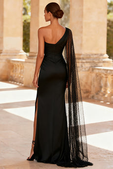 Black Satin One Shoulder Mermaid Maxi Formal Dress with Slit