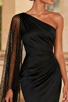 Load image into Gallery viewer, Black Satin One Shoulder Mermaid Maxi Formal Dress with Slit