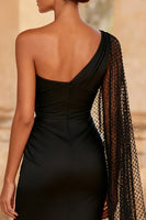 Load image into Gallery viewer, Black Satin One Shoulder Mermaid Maxi Formal Dress with Slit