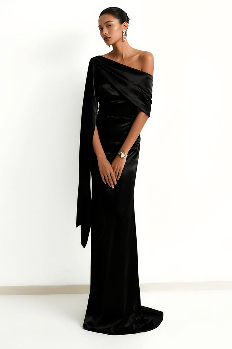 Load image into Gallery viewer, Black Mermaid One Shoulder Satin Maxi Formal Dress with Side Cape