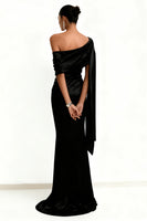 Load image into Gallery viewer, Black Mermaid One Shoulder Satin Maxi Formal Dress with Side Cape