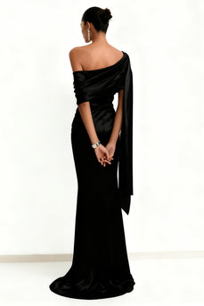 Black Mermaid One Shoulder Satin Maxi Formal Dress with Side Cape