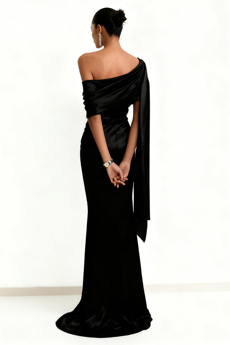 Load image into Gallery viewer, Black Mermaid One Shoulder Satin Maxi Formal Dress with Side Cape