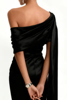 Load image into Gallery viewer, Black Mermaid One Shoulder Satin Maxi Formal Dress with Side Cape