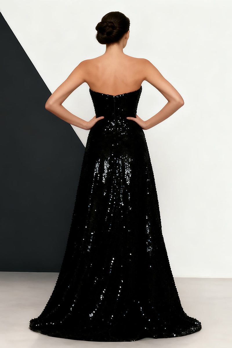 Load image into Gallery viewer, Sparkly Black and White Mermaid Sequins Strapless Long Formal Dress