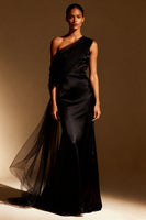 Load image into Gallery viewer, White Mermaid One Shoulder Satin Maxi Formal Dress with Side Cape