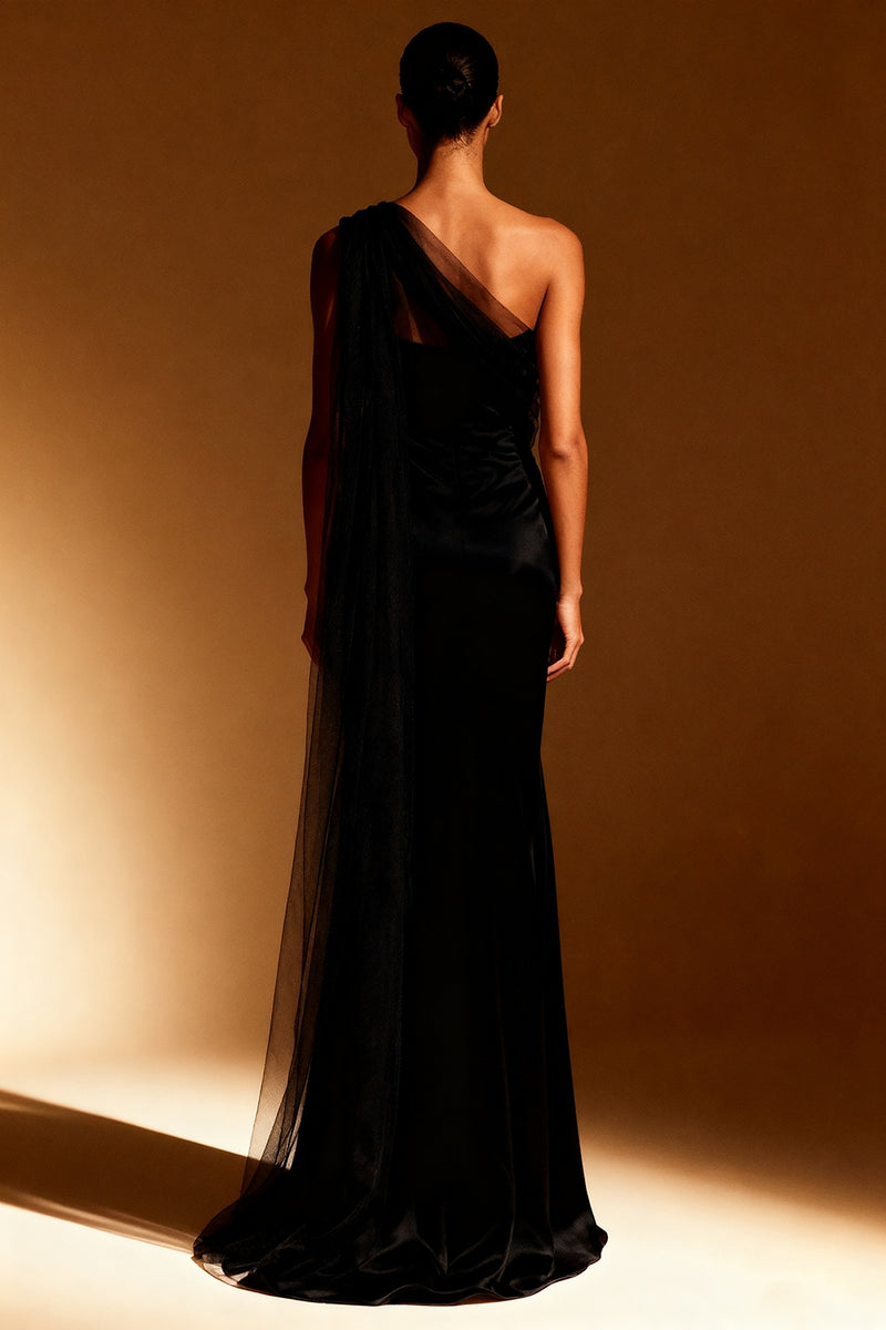 Load image into Gallery viewer, White Mermaid One Shoulder Satin Maxi Formal Dress with Side Cape