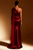 Load image into Gallery viewer, White Mermaid One Shoulder Satin Maxi Formal Dress with Side Cape