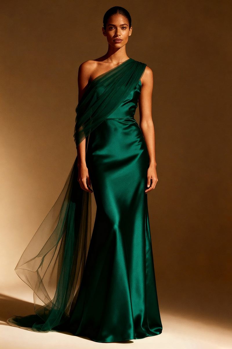 Load image into Gallery viewer, White Mermaid One Shoulder Satin Maxi Formal Dress with Side Cape