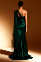 Load image into Gallery viewer, White Mermaid One Shoulder Satin Maxi Formal Dress with Side Cape