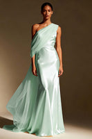 Load image into Gallery viewer, White Mermaid One Shoulder Satin Maxi Formal Dress with Side Cape