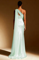 Load image into Gallery viewer, White Mermaid One Shoulder Satin Maxi Formal Dress with Side Cape
