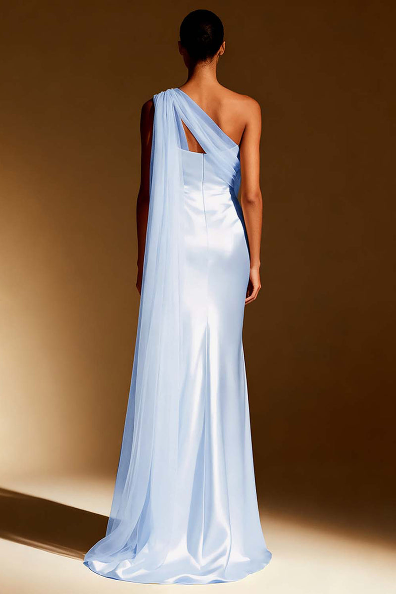 Load image into Gallery viewer, White Mermaid One Shoulder Satin Maxi Formal Dress with Side Cape