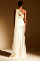 Load image into Gallery viewer, White Mermaid One Shoulder Satin Maxi Formal Dress with Side Cape
