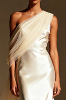 Load image into Gallery viewer, White Mermaid One Shoulder Satin Maxi Formal Dress with Side Cape