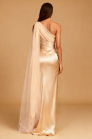 Load image into Gallery viewer, Champagne Satin One Shoulder Ruched Mermaid Maxi Formal Dress with Slit