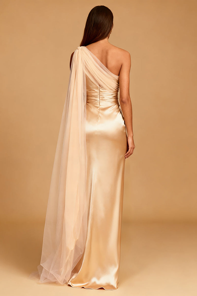 Load image into Gallery viewer, Champagne Satin One Shoulder Ruched Mermaid Maxi Formal Dress with Slit