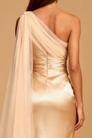 Load image into Gallery viewer, Champagne Satin One Shoulder Ruched Mermaid Maxi Formal Dress with Slit
