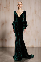 Load image into Gallery viewer, Dark Green Mermaid Velvet V-Neck Long Sleeves Holiday Party Dress