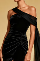 Load image into Gallery viewer, Black One Shoulder Mermaid Maxi Formal Dress with Slit