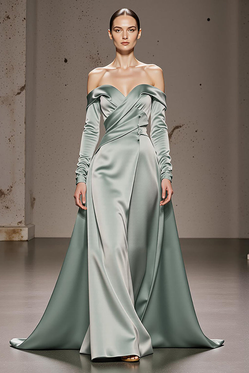 Load image into Gallery viewer, Mint Green Off the Shoulder Satin Maxi Formal Dress with Sleeves