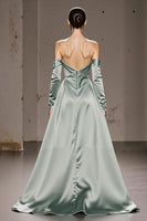 Load image into Gallery viewer, Mint Green Off the Shoulder Satin Maxi Formal Dress with Sleeves