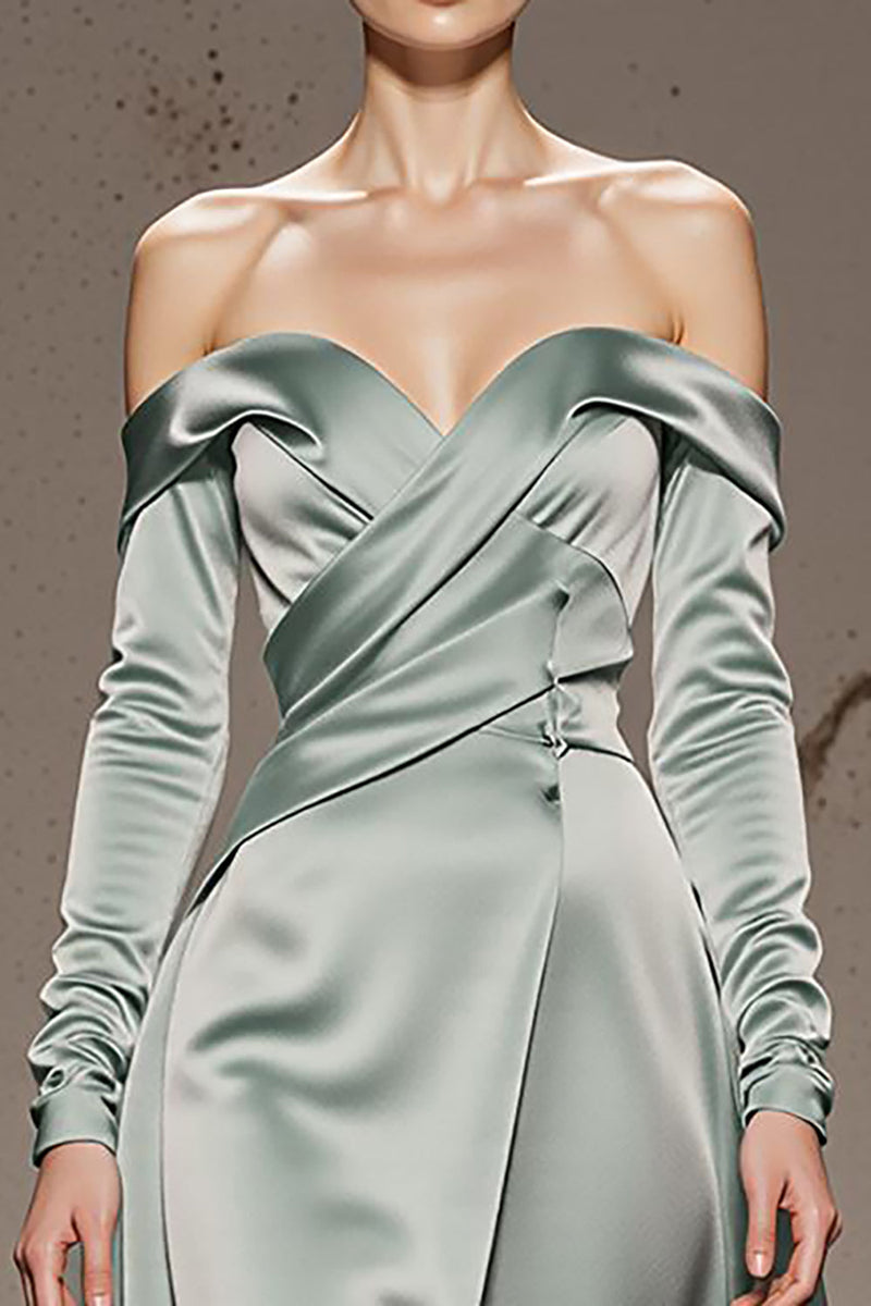 Load image into Gallery viewer, Mint Green Off the Shoulder Satin Maxi Formal Dress with Sleeves