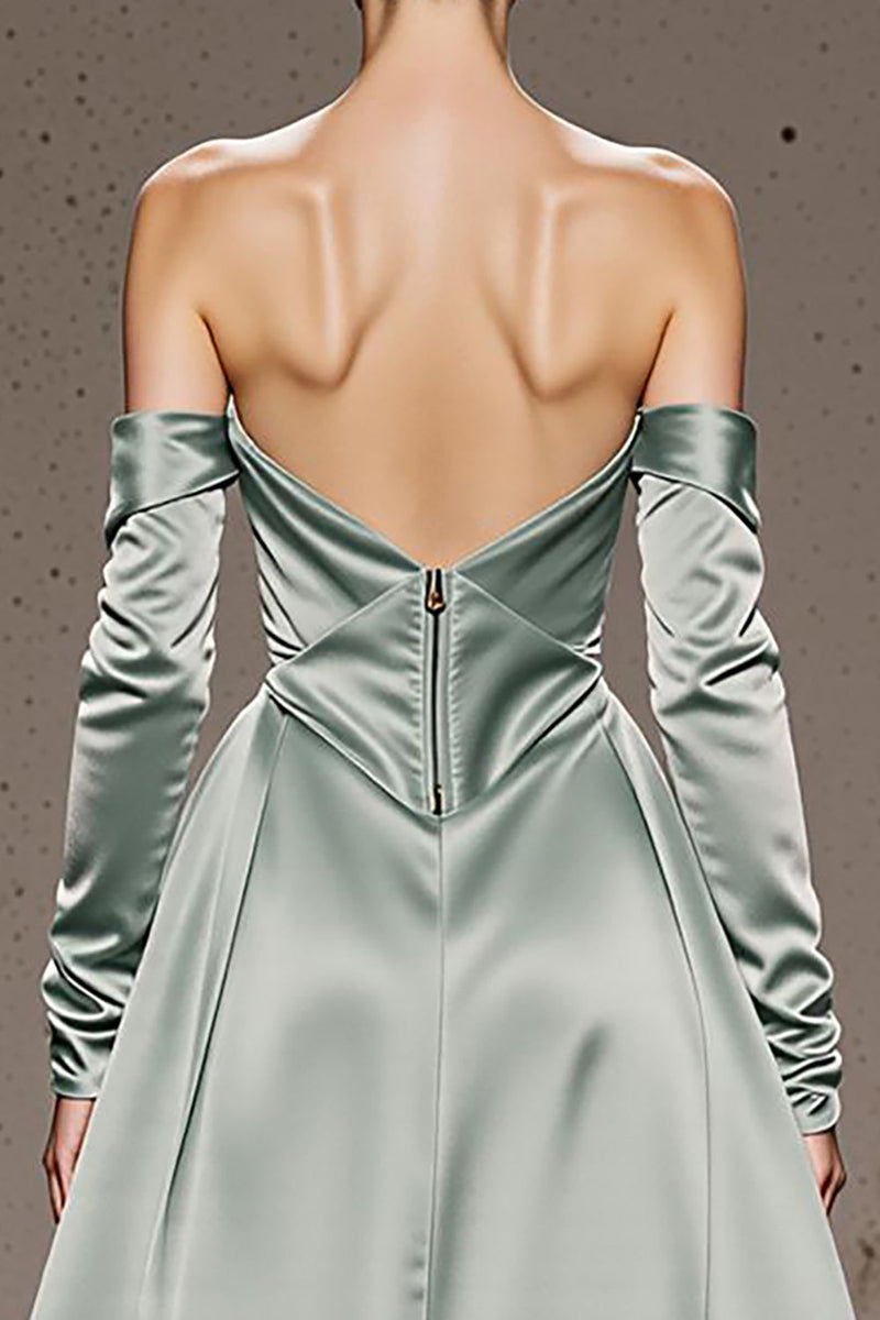 Load image into Gallery viewer, Mint Green Off the Shoulder Satin Maxi Formal Dress with Sleeves
