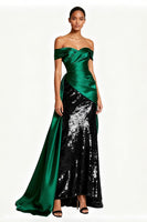 Load image into Gallery viewer, Sparkly Dark Green Off the Shoulder Maxi Sequin Formal Dress