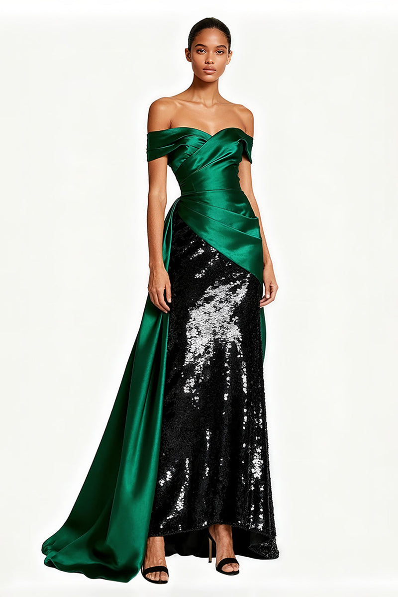 Load image into Gallery viewer, Sparkly Dark Green Off the Shoulder Maxi Sequin Formal Dress