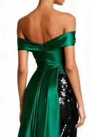 Load image into Gallery viewer, Sparkly Dark Green Off the Shoulder Maxi Sequin Formal Dress