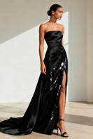 Load image into Gallery viewer, Sparkly Black Satin Strapless Long Formal Dress with Slit
