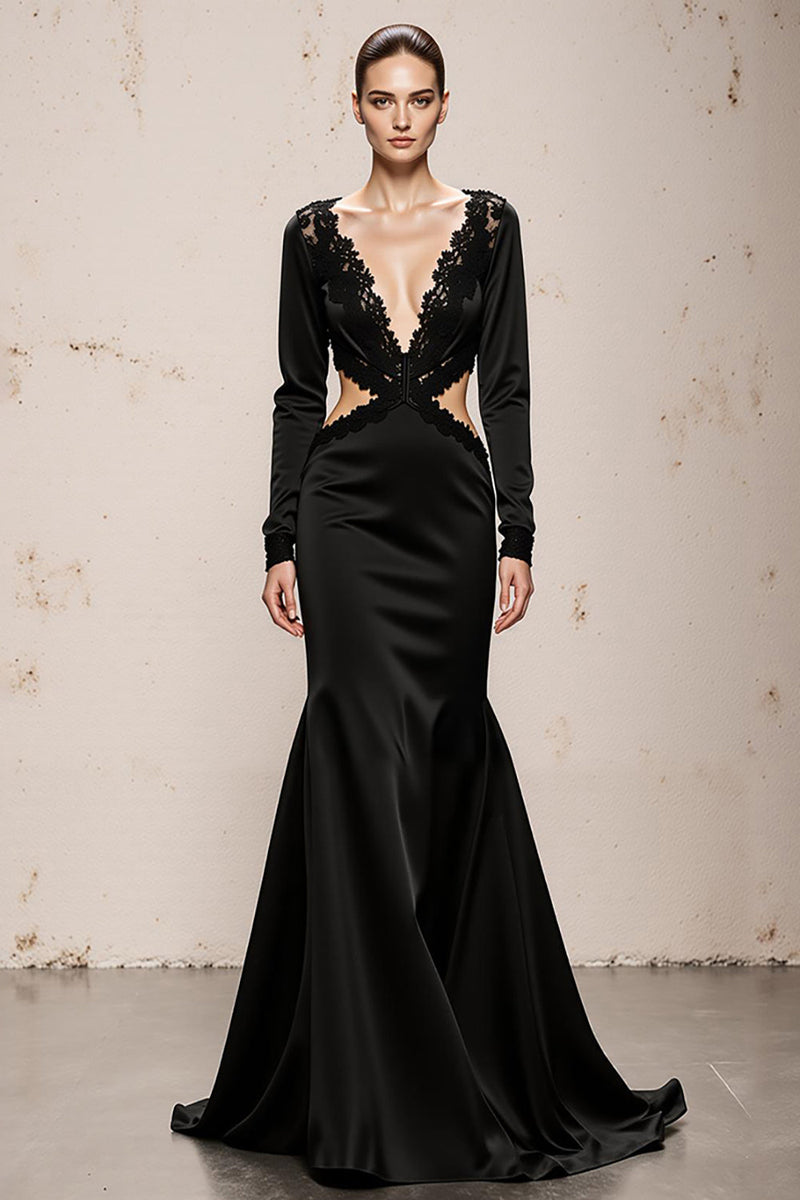 Load image into Gallery viewer, Black Mermaid V-Neck Long Sleeves Formal Dress with Lace