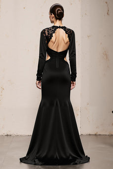 Black Mermaid V-Neck Long Sleeves Formal Dress with Lace
