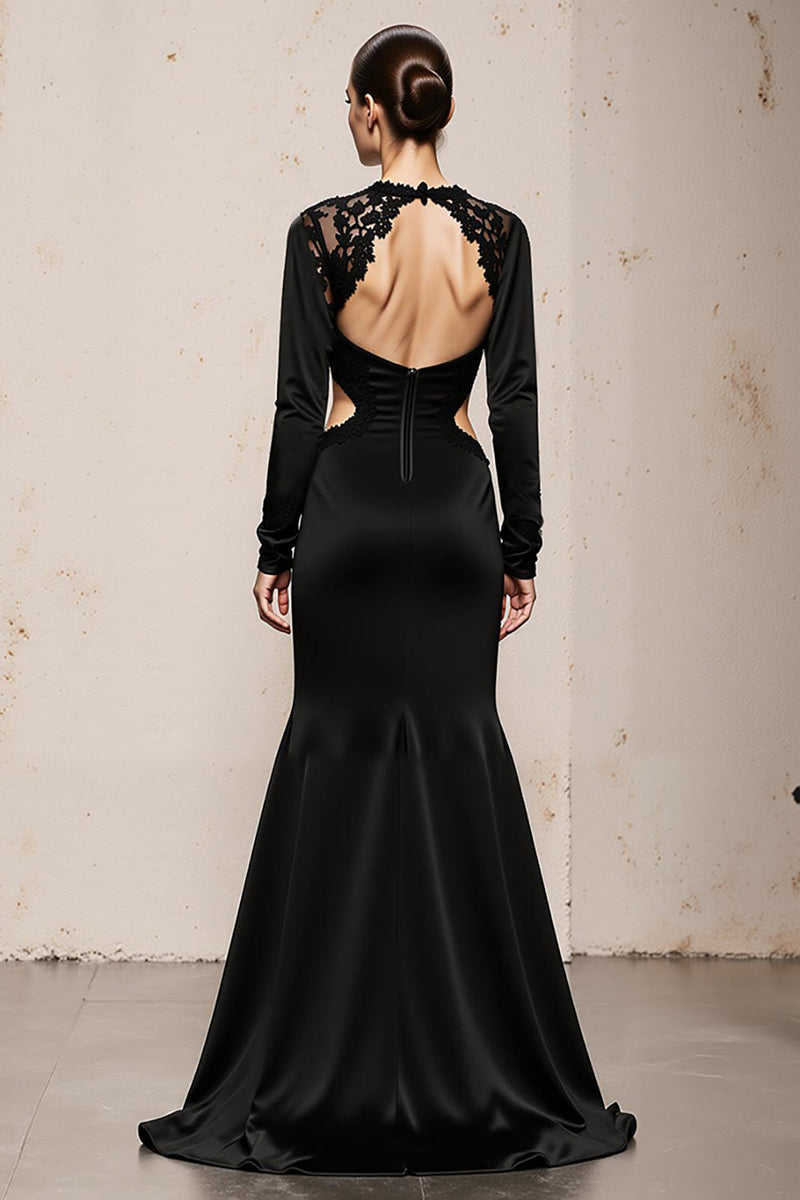 Load image into Gallery viewer, Black Mermaid V-Neck Long Sleeves Formal Dress with Lace