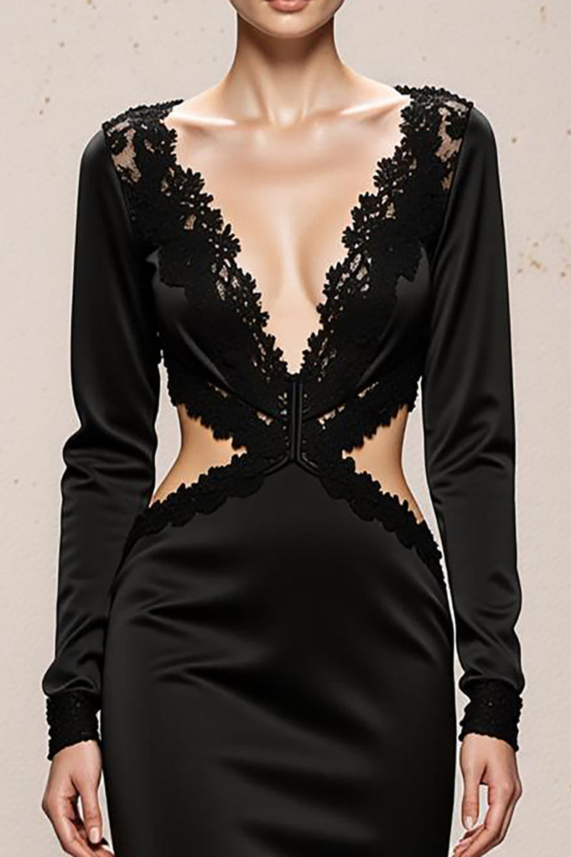 Load image into Gallery viewer, Black Mermaid V-Neck Long Sleeves Formal Dress with Lace