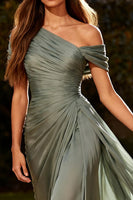 Load image into Gallery viewer, Dusty Sage Ruched Chiffon Maxi Formal Dress with Side Cape