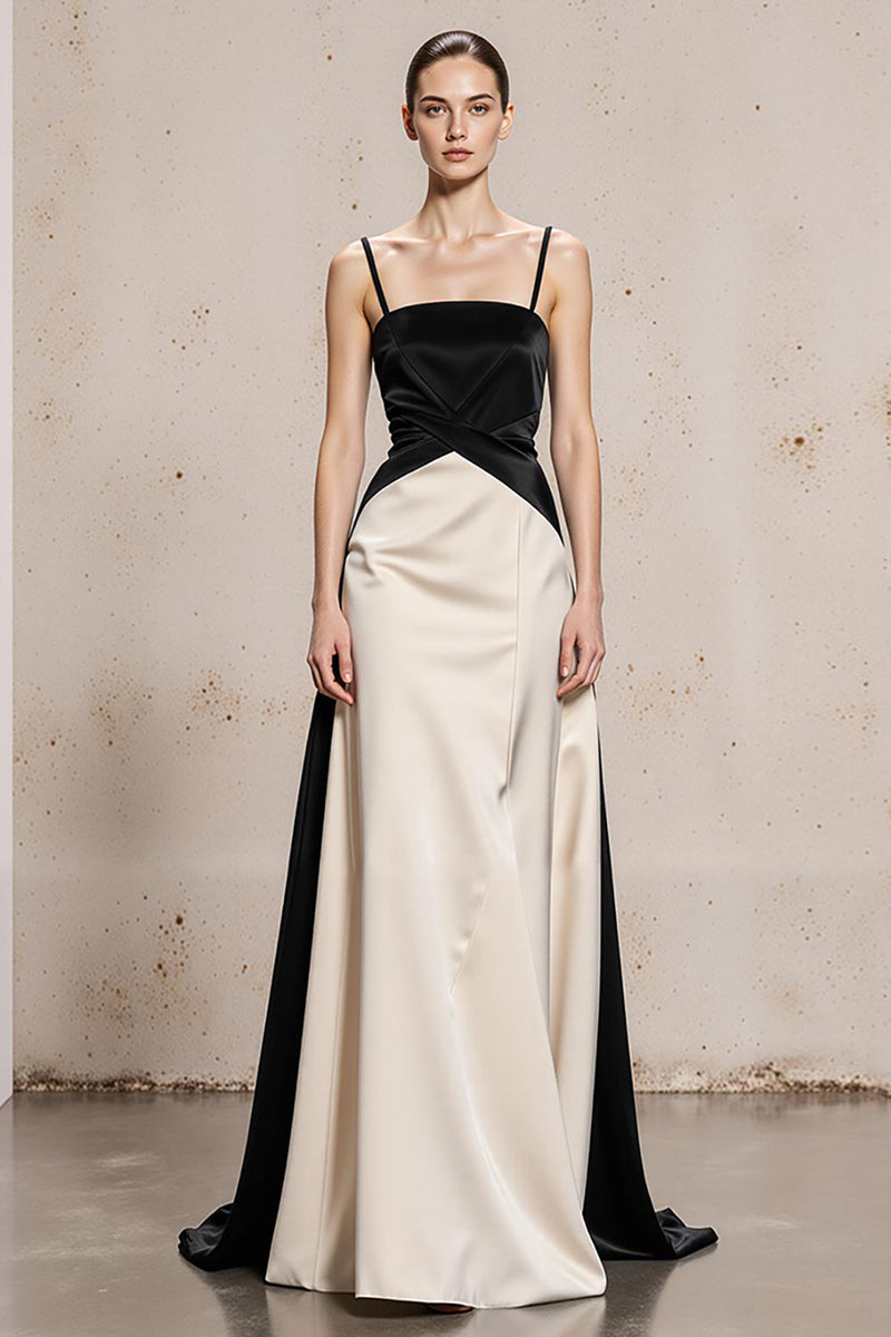 Load image into Gallery viewer, Black and White Spaghetti Straps Satin Maxi Formal Dress