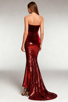 Load image into Gallery viewer, Sparkly Burgundy Strapless Long Sequin Formal Dress