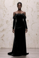 Load image into Gallery viewer, Black Off the Shoulder Velvet Long Sleeves Sheath Holiday Party Dress with Lace